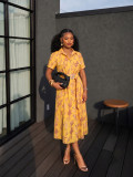 Women Summer V‑Neck French‑Style Printed Short Sleeve Maxi Dress
