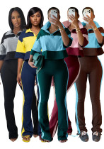 Women’s Fashion Color Block Turndown Collar Button Short Sleeve Top with Striped Flared Pants Set