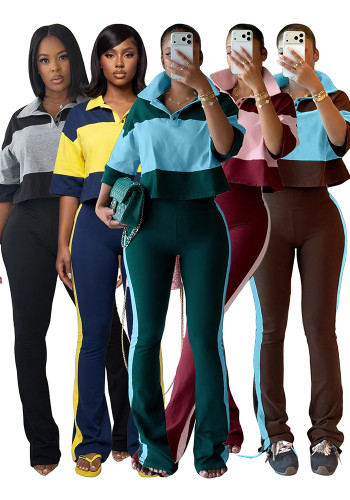 Women’s Fashion Color Block Turndown Collar Button Short Sleeve Top with Striped Flared Pants Set