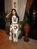 Women’s Trendy Cartoon Print Short Sleeve Top with High Slit Letter Print Maxi Skirt Nightclub Set