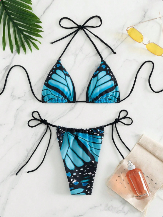 Butterfly Print Lace-Up Two-Piece Bikini Swimsuit