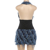 Fall Women’s Fashion Sexy Halter Neck Low Back See-Through Mesh Patchwork Bodycon Dress