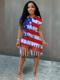 Women’s American Style Flag Print Short Sleeve Top and Tassel Shorts Set