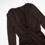 Fall Winter Women’s Casual Solid Color Deep V Neck Long Sleeve Ruched Slim Fit Mini Dress