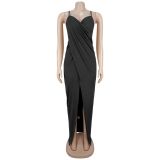 Women’s Sexy Strap V Neck Cross Cutout Slit Formal Party Bodycon Dress
