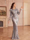 Women’s Elegant Long Sleeve Round Neck Formal Party Sequin Bodycon Evening Dress
