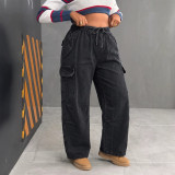 Women’s Loose Casual Multi-Pocket Straight Leg Drawstring Black Cargo Denim Wide Leg Pants