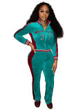 Women’s Fashion Embroidered Velvet Stand Collar Top with Color Block Patchwork Bell Bottom Pants Set