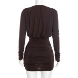 Fall Winter Women’s Casual Solid Color Deep V Neck Long Sleeve Ruched Slim Fit Mini Dress