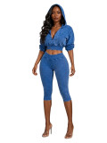 Women’s Fashion Washed Hooded Ribbed Top with Cropped Pants Set