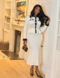 Women Autumn French Style Metal Button Long Sleeve Top and Ruffle Knit Skirt Two‑Piece Set