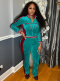 Women’s Fashion Embroidered Velvet Stand Collar Top with Color Block Patchwork Bell Bottom Pants Set