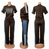 Women’s Plus Size Beaded Love Short Sleeve Color Block Striped Patchwork Denim Casual Pants Set