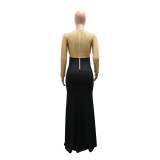 Women’s Sequin Long Sleeve Round Neck Ruched Evening Dress