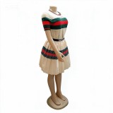 Summer Women’s Round Neck Color Block Stripe T-Shirt with Pleated Skirt Loose Set