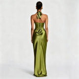 Women V‑Neck Ruched Halter Neck Formal Party Mermaid Evening Gown