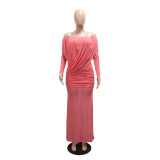 Women’s Fashion Solid Color Off Shoulder Ruched Long Sleeve Bodycon Maxi Dress