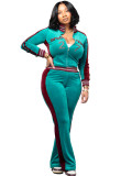 Women’s Fashion Embroidered Velvet Stand Collar Top with Color Block Patchwork Bell Bottom Pants Set
