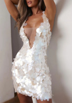 Women’s Sexy Strap Deep V Neck Mesh See-Through Sequin Low Back Lace-Up Dress