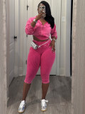 Women’s Fashion Washed Hooded Ribbed Top with Cropped Pants Set