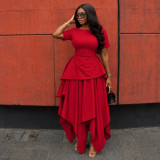 Women Fall Round Neck Short Sleeve Irregular Maxi Dress