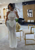 Women Sexy Halter Neck Ruffled See‑Through Mesh Mermaid Hollow‑Out Maxi Dress
