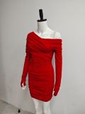 Women Spring Fall Long Sleeve Sexy Slash‑Shoulder Off‑Shoulder Bodycon Dress