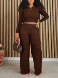 Women Casual Long Sleeve Crop Top Wide‑Leg Trousers Two‑Piece Set