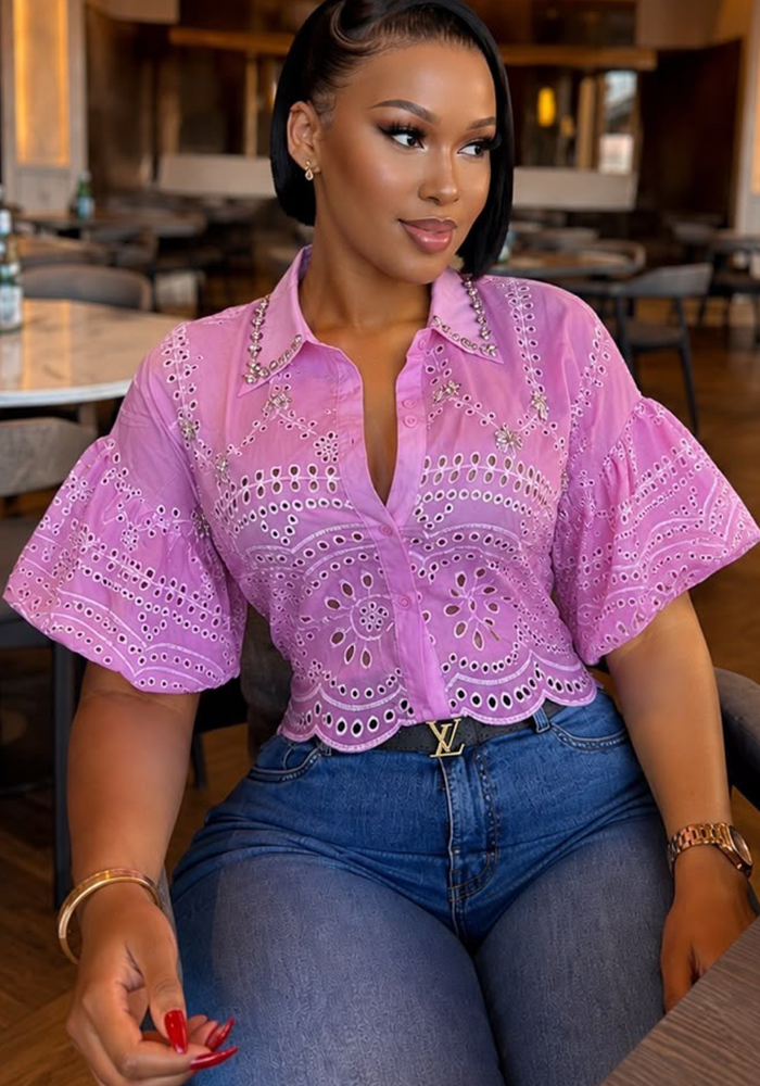 Rhinestone Hollow-Out Lantern Sleeve Shirt Top for Summer