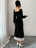 Women Fall Winter French‑Style Black Velvet Long Sleeve Formal Party Dress