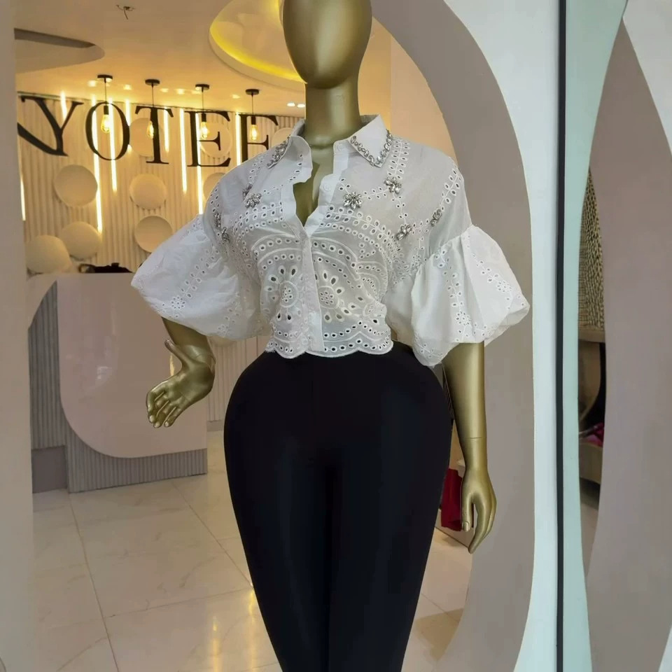 Rhinestone Hollow-Out Lantern Sleeve Shirt Top for Summer