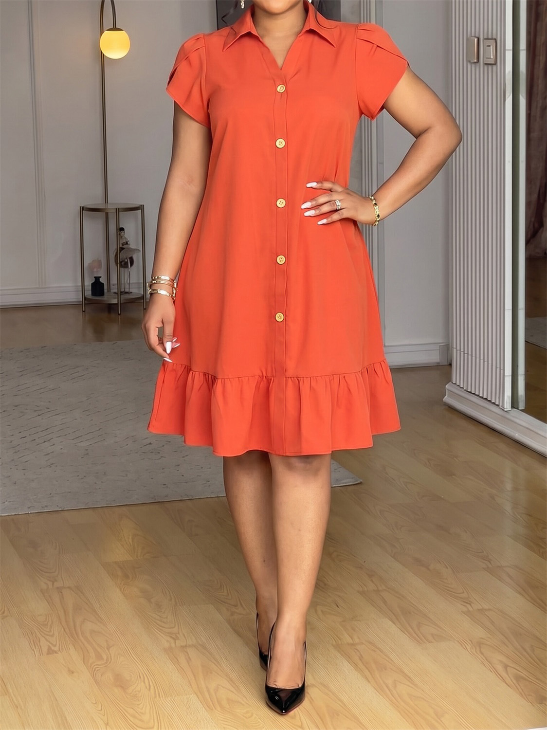 Button Turndown Collar Dress for Holidays