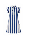 Women Stand Collar Tie‑Detail Striped Casual Dress