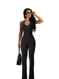 Women Polka Dot Halter Neck Sexy Backless Lace‑Up Bell‑Bottom Jumpsuit