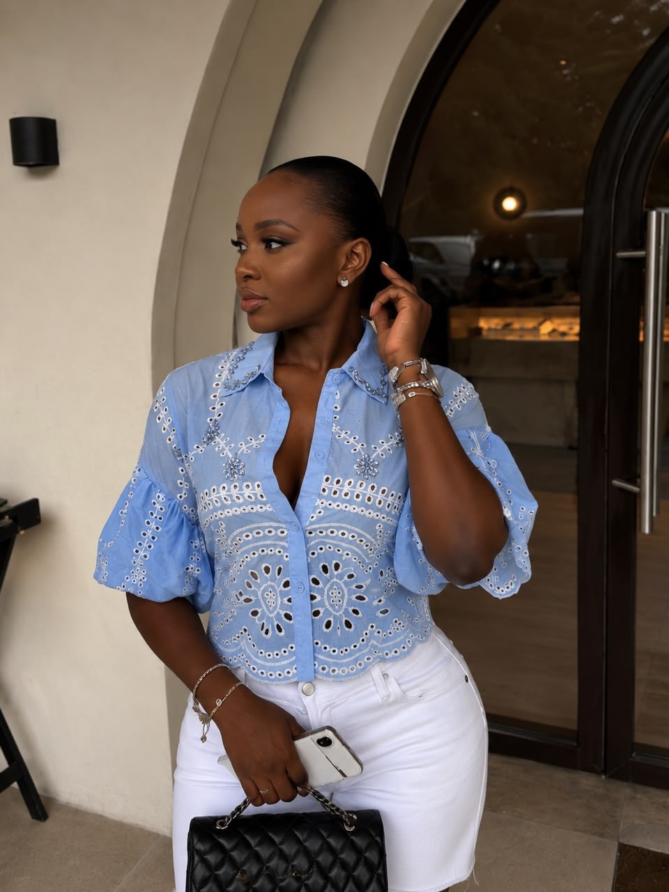 Rhinestone Hollow-Out Lantern Sleeve Shirt Top for Summer