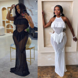 Women Sexy Halter Neck Ruffled See‑Through Mesh Mermaid Hollow‑Out Maxi Dress
