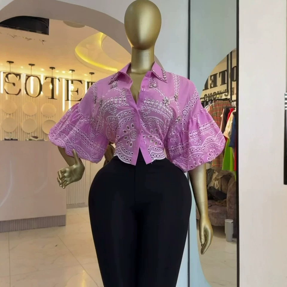 Rhinestone Hollow-Out Lantern Sleeve Shirt Top for Summer