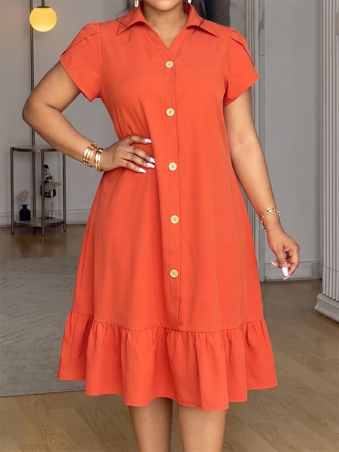 Button Turndown Collar Dress for Holidays