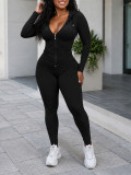 Women Casual Hooded Long Sleeve Zip‑Up Top and Stretch Pants Two‑Piece Set