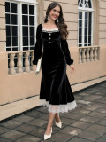 Women Fall Winter French‑Style Black Velvet Long Sleeve Formal Party Dress