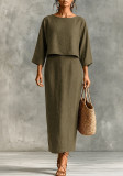Women Casual Round Neck Top and Slit Skirt Two‑Piece Set