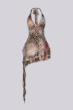 Women Sexy Halter Neck Printed Backless Ruffled Ribbon Dress