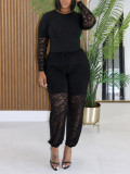 Women Lace Hollow‑Out Sexy Top and See‑Through Lace‑Up Pants Two‑Piece Set