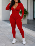 Women Casual Hooded Long Sleeve Zip‑Up Top and Stretch Pants Two‑Piece Set