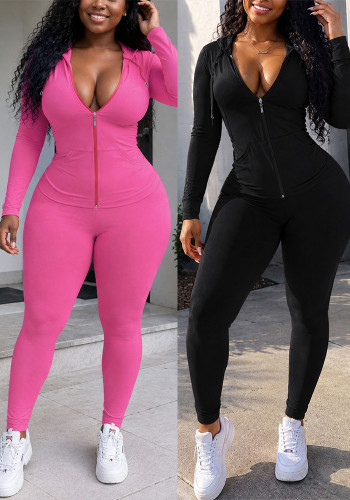Women Casual Hooded Long Sleeve Zip‑Up Top and Stretch Pants Two‑Piece Set