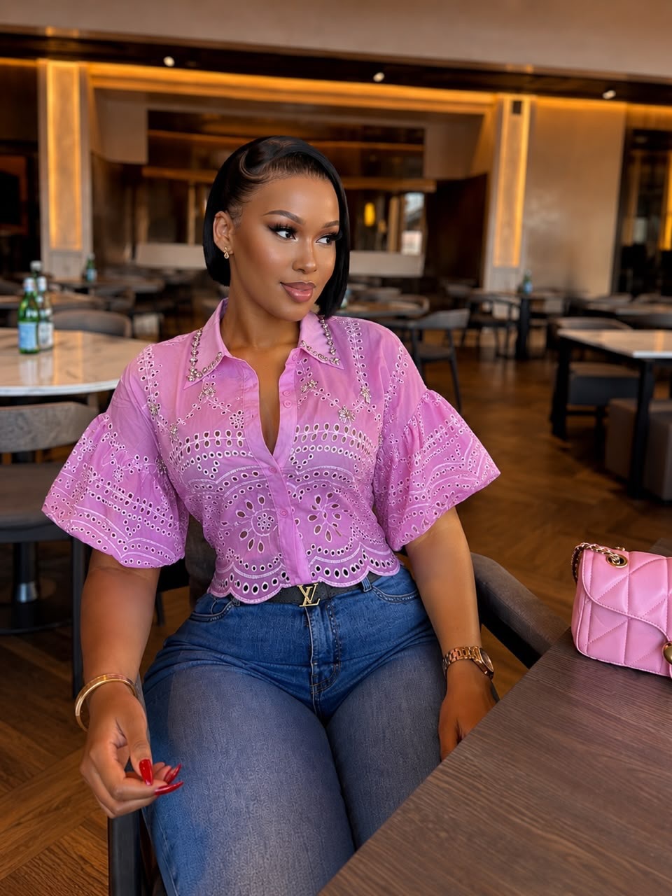 Rhinestone Hollow-Out Lantern Sleeve Shirt Top for Summer