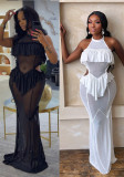 Women Sexy Halter Neck Ruffled See‑Through Mesh Mermaid Hollow‑Out Maxi Dress