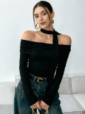 Women Off‑Shoulder Long Sleeve T‑Shirt with Ribbon for Fall Women Off‑Shoulder Top