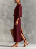 Women Casual Round Neck Top and Slit Skirt Two‑Piece Set