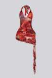 Women Sexy Halter Neck Printed Backless Ruffled Ribbon Dress